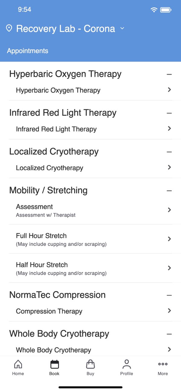 Recovery Lab app appointment booking screen showing available services