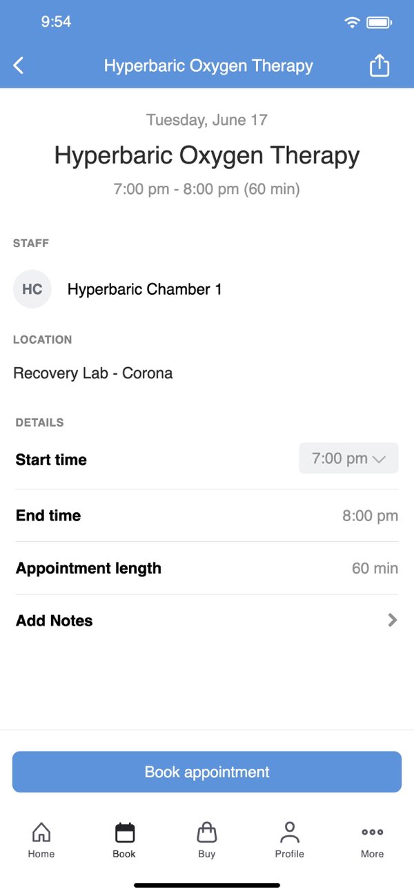 Recovery Lab app hyperbaric oxygen therapy booking detail screen
